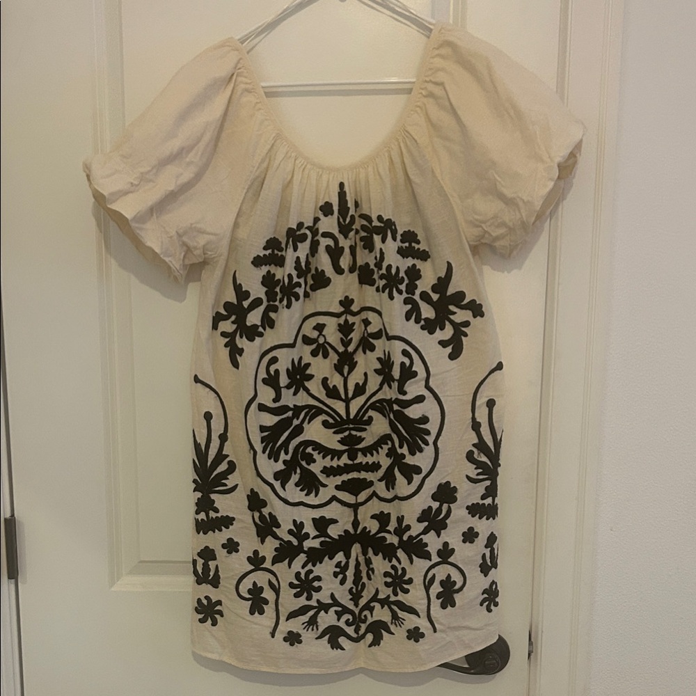 Free People Cream and Black Embroidered Mini Dress